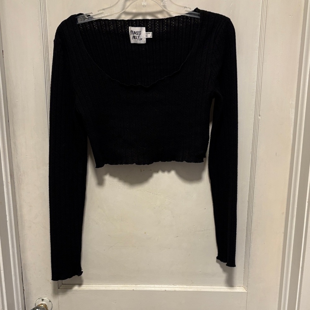 Princess Polly Black Ribbed Scoop neck Crop Top Size 8